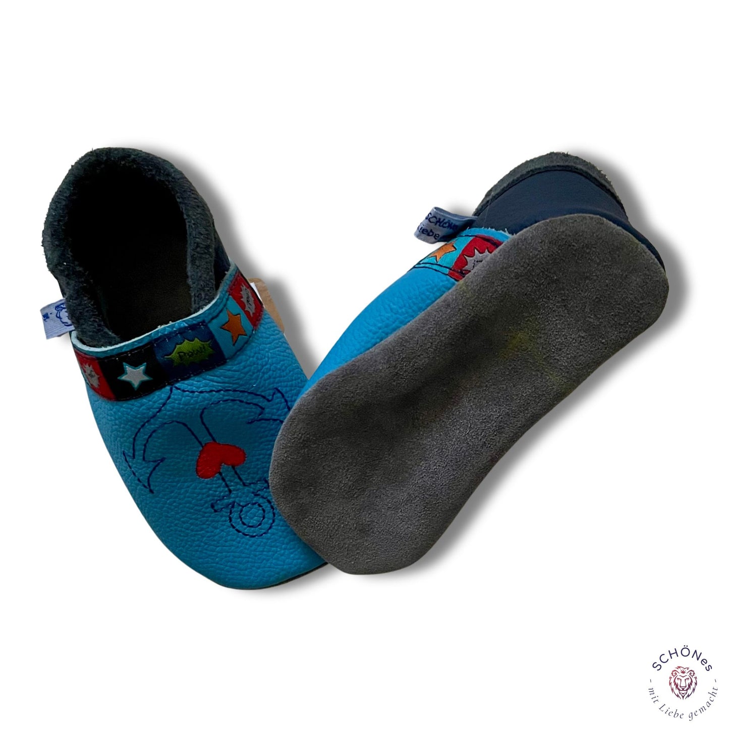 Lederpuschen "Anker", blau, Größe 20/21
