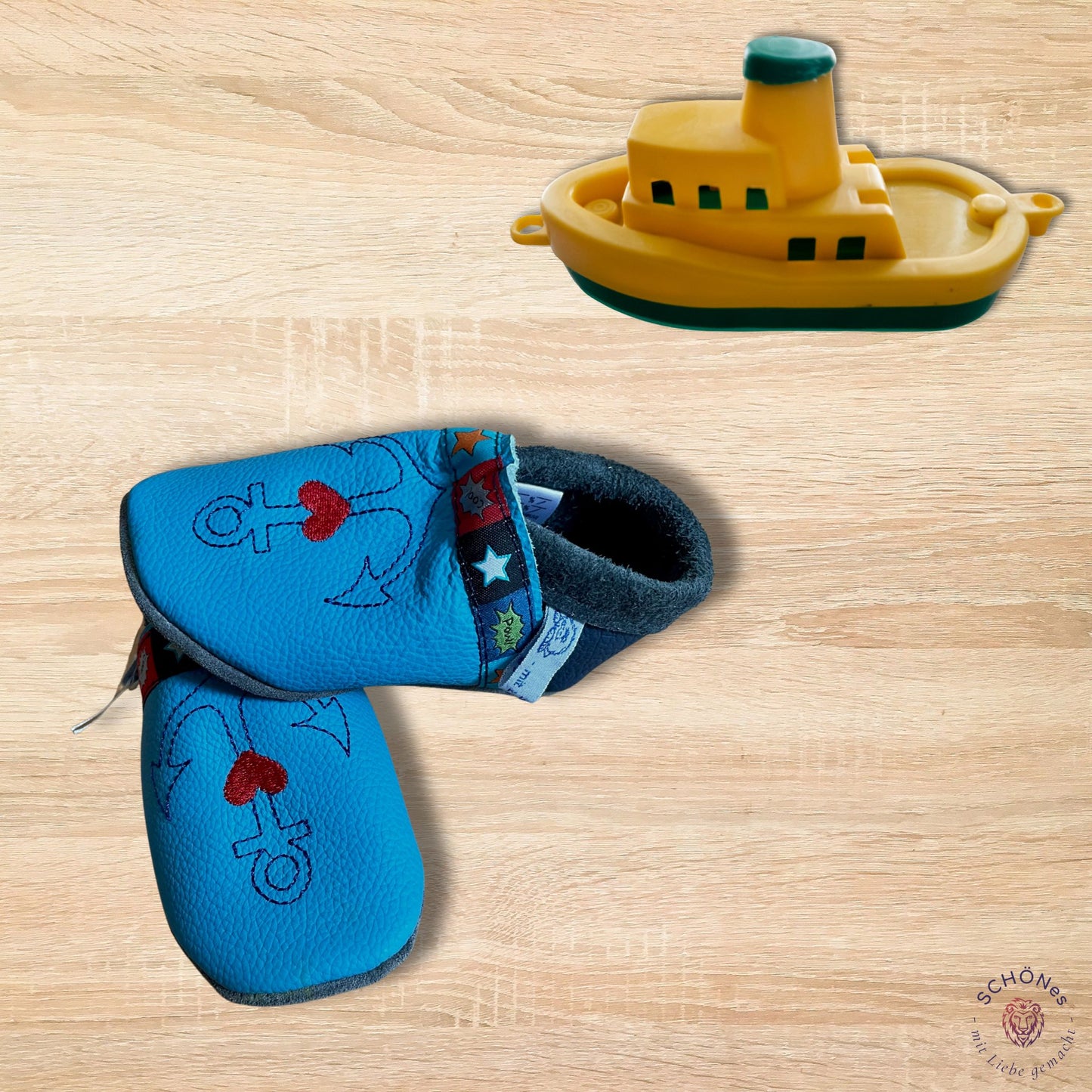 Lederpuschen "Anker", blau, Größe 20/21