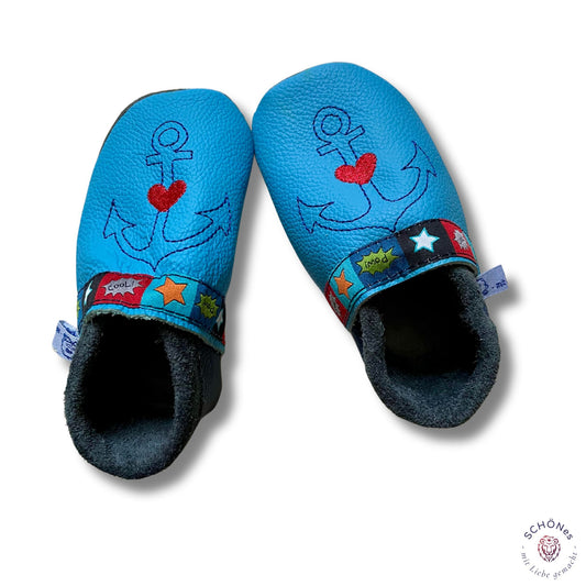 Lederpuschen "Anker", blau, Größe 20/21