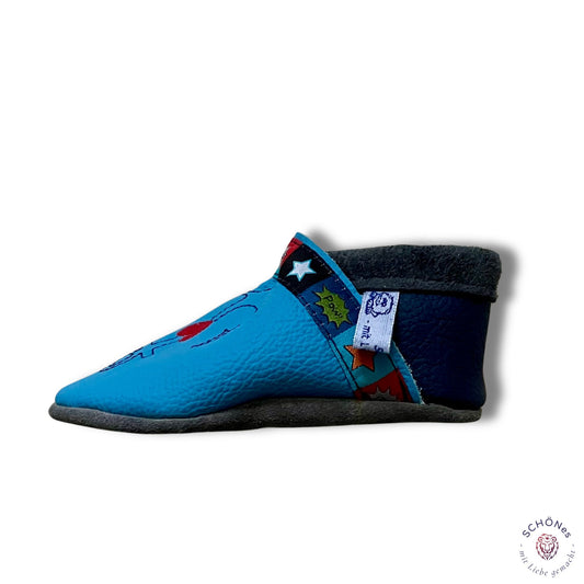 Lederpuschen "Anker", blau, Größe 20/21